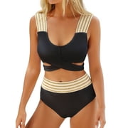 Cupshe Women's Metallic Striped Wrap Bralette \u0026 High Waist Cheeky Bikini Set, Sizes S-XL